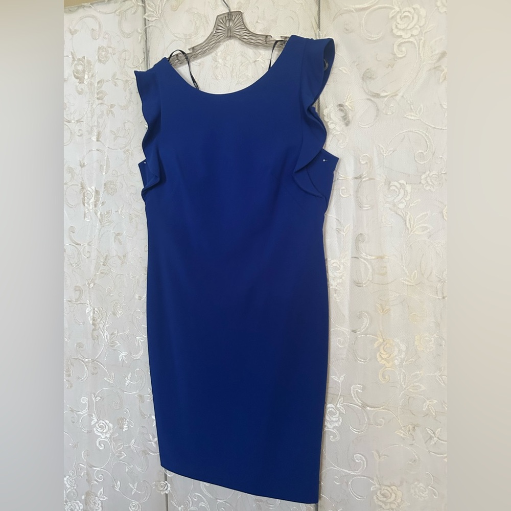 Calvin Klein Royal Blue Midi Sheath Dress with Flutter Sleeves
